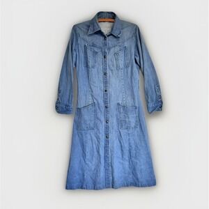 Vintage Denim Snap Front Workwear Dress 70s Western Americana Long Sleeve Wmns M